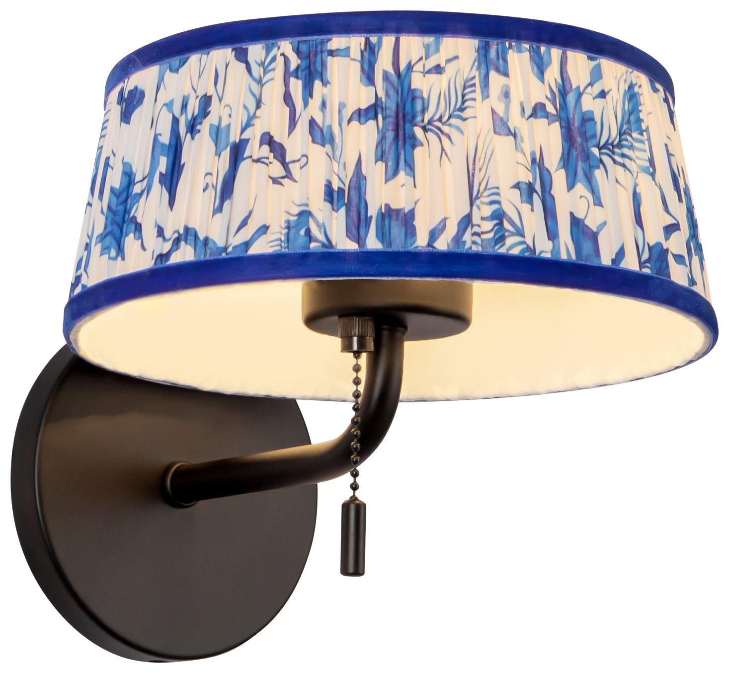 Image 3 Scout 7-in Matte Black Wall/Vanity Light w/ Patterned Pleated Blue Linen more views
