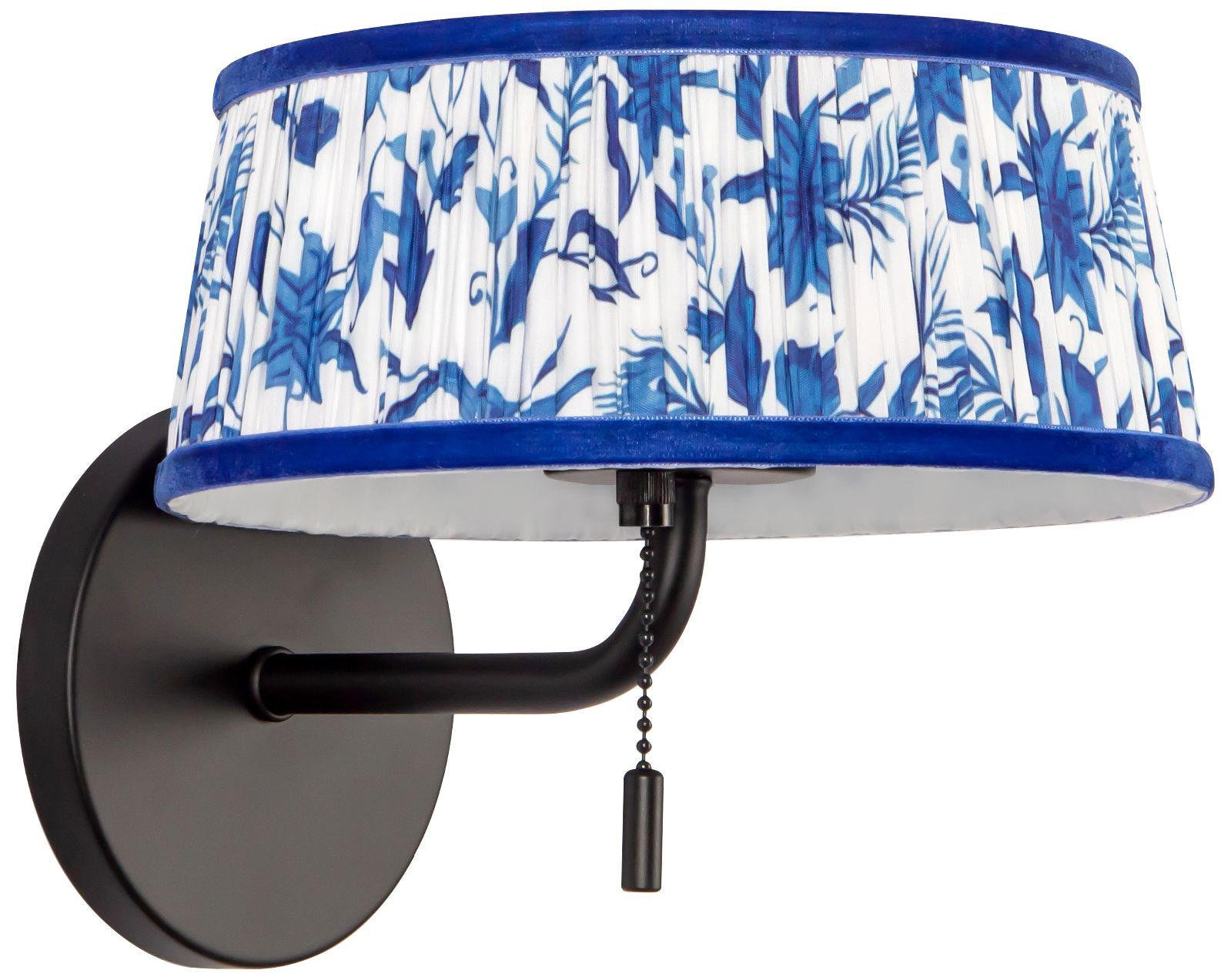 Image 6 Scout 7-in Matte Black Wall/Vanity Light w/ Patterned Pleated Blue Linen more views