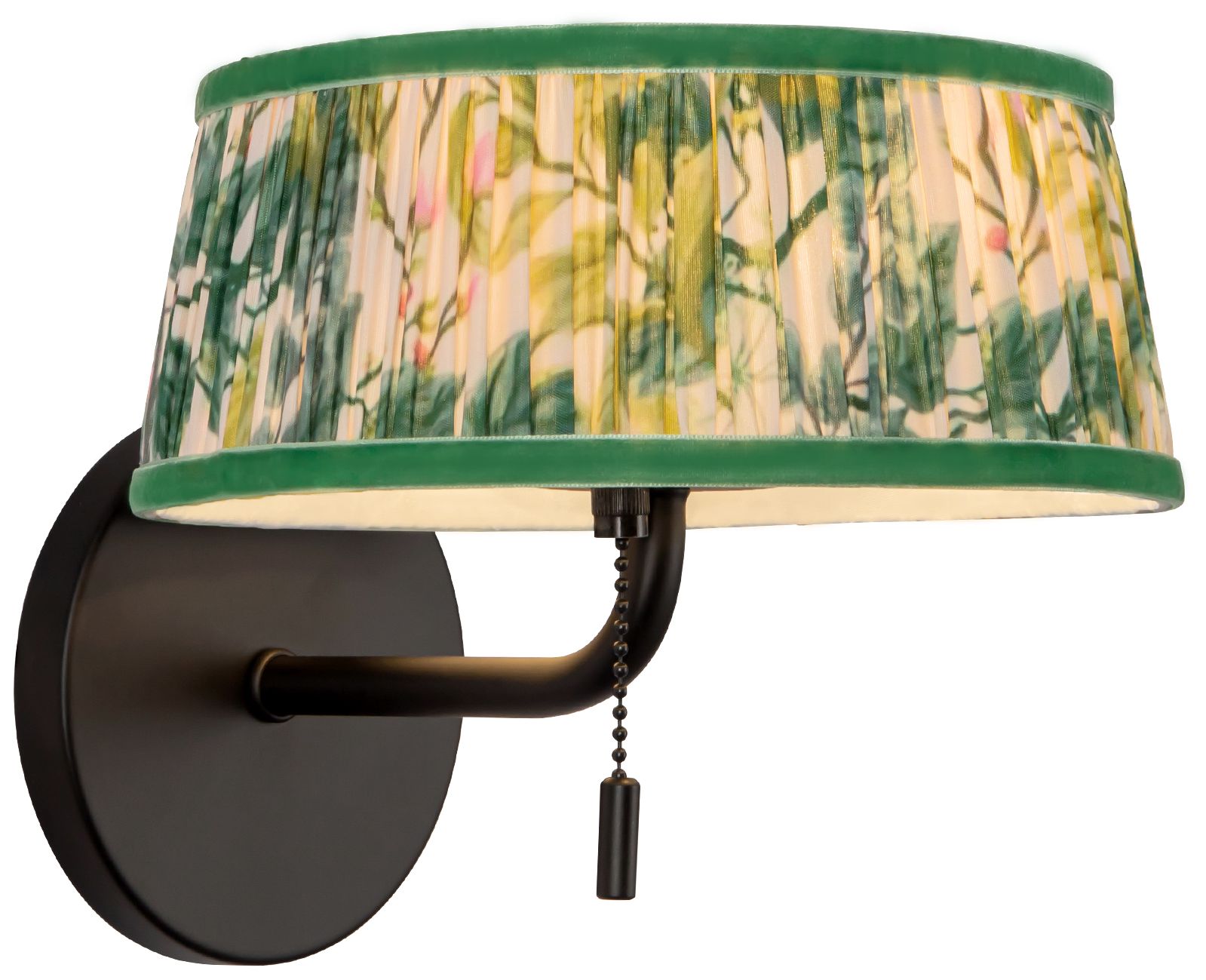 Scout 7-in Matte Black Wall/Vanity Light w/ Patterned Pleated Green Linen