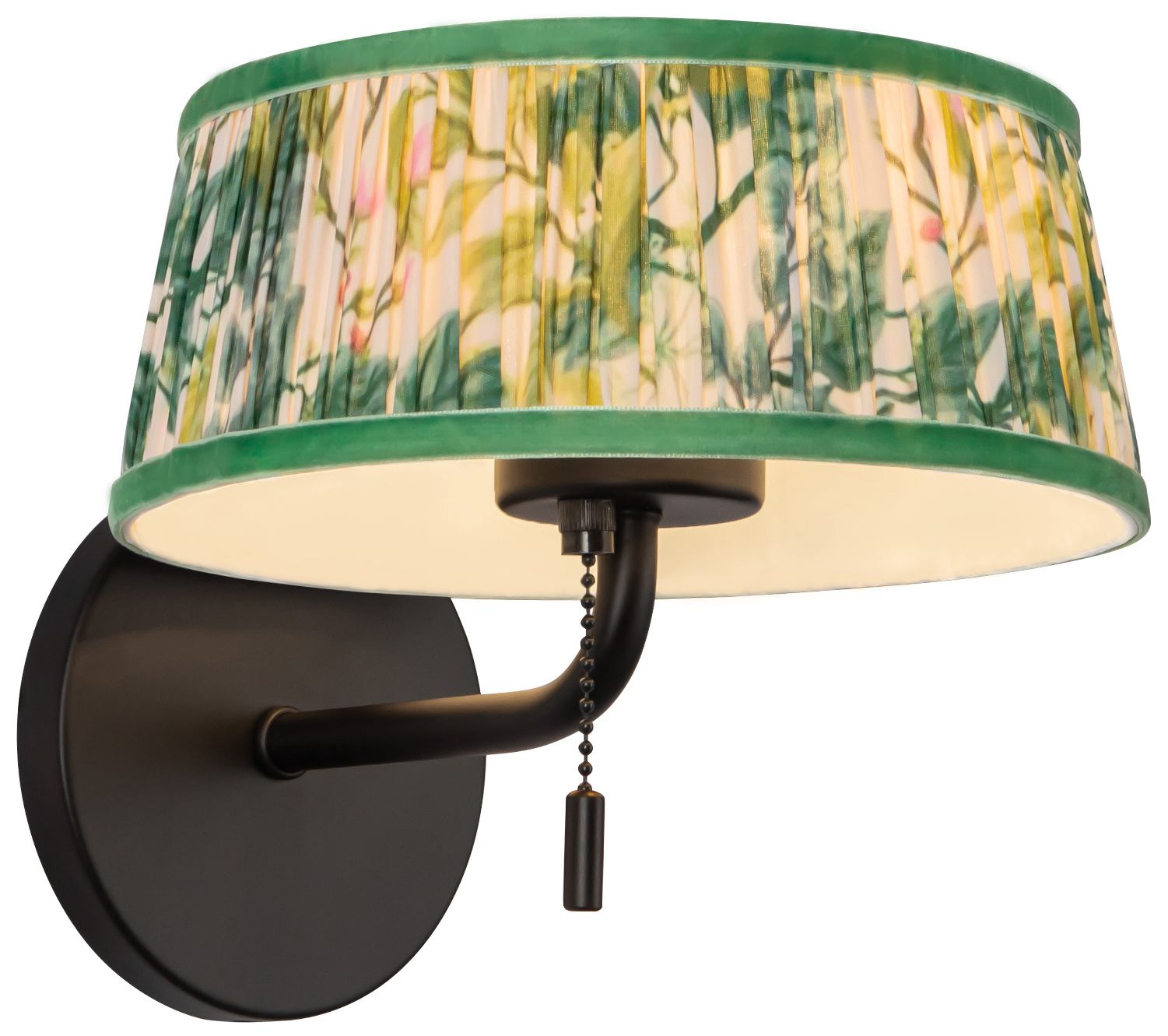 Image 3 Scout 7-in Matte Black Wall/Vanity Light w/ Patterned Pleated Green Linen more views