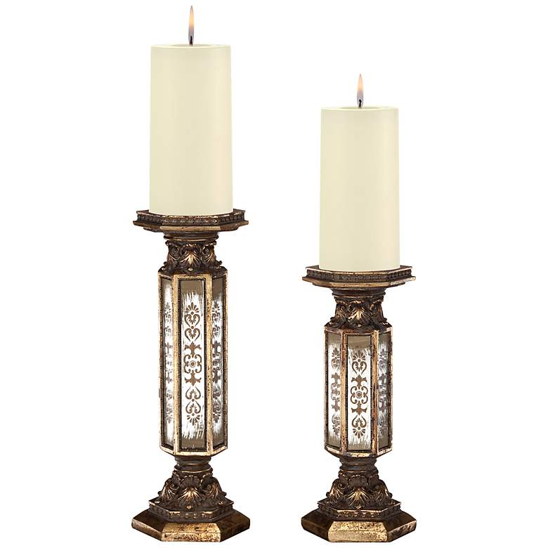 Image 1 Scroll and Hearts Antique Gold Pillar Candle Holder Set of 2