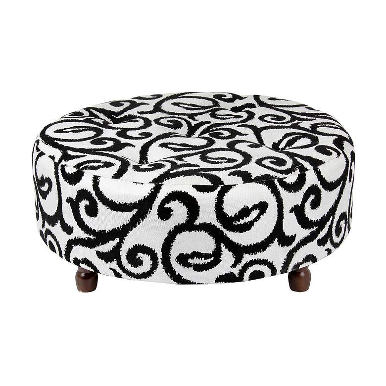 Image 1 Scroll Round Wooden Leg Tufted Ottoman