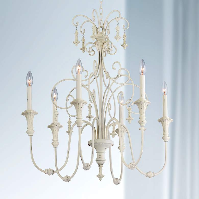 Image 1 Scrolled Tiers 28" Wide Antique White 6-Light Chandelier