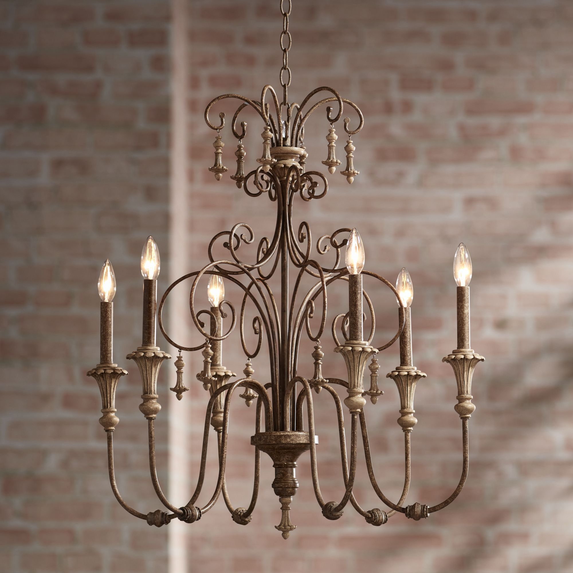 Progress Lighting P4354-20 3 Light Americana Chandelier with Delicate Arms and Decorative Center Column and Candelabra Lamps with Chain and Ceiling Mountings Included Antique Bronze 