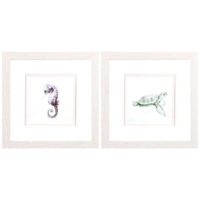 Image 1 Sea Animal in Waves 11"W x 11"H Framed Art Set of 2