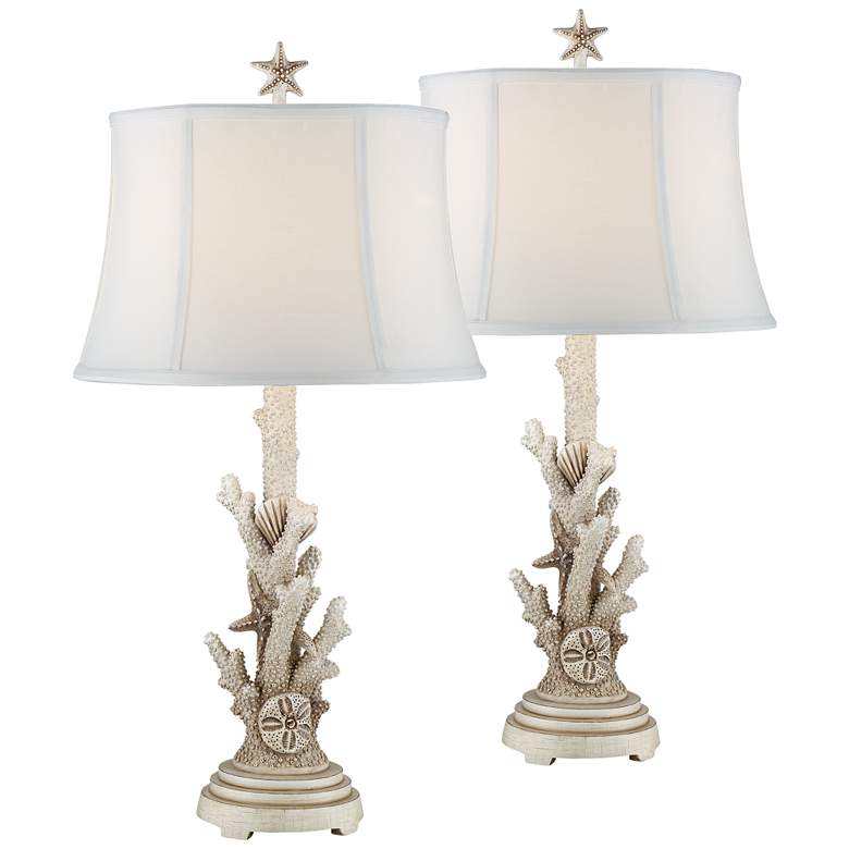 Image 1 Sea Reef Antique White Sculpted Coastal Table Lamps Set of 2