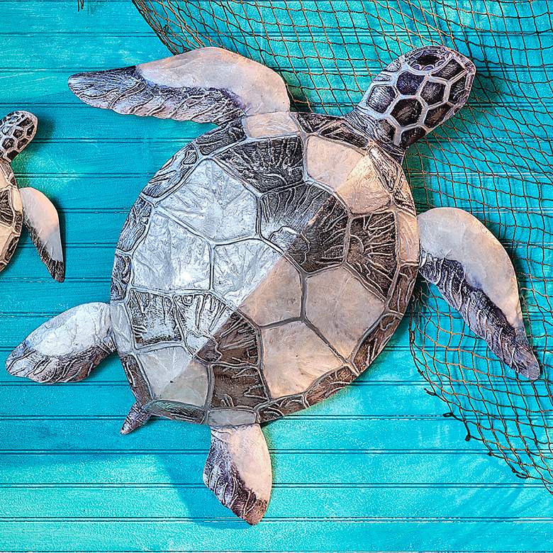 Image 1 Sea Turtle 11 inchW Pewter Checkered Capiz Shell Wall Decor