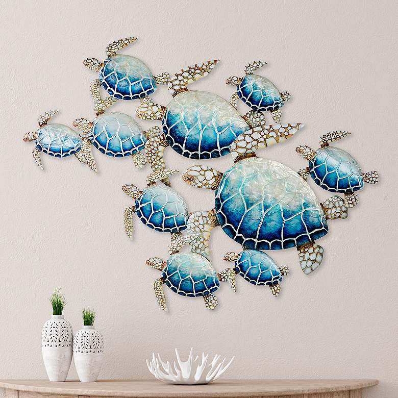 Image 1 Sea Turtles Group of Ten 48 inch Wide Blue Metal Wall Decor