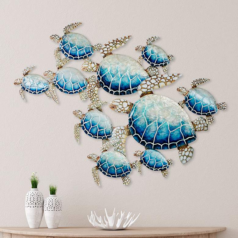Image 1 Sea Turtles Group of Ten 48" Wide Blue Metal Wall Decor