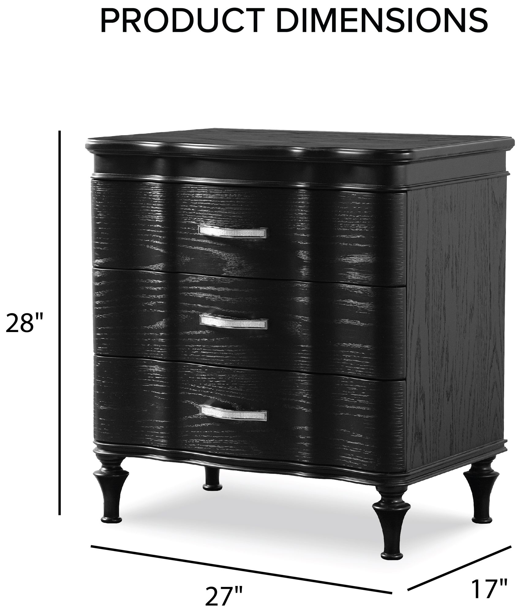Seabliss Glam Black 3 Drawer Serpentine Nightstand