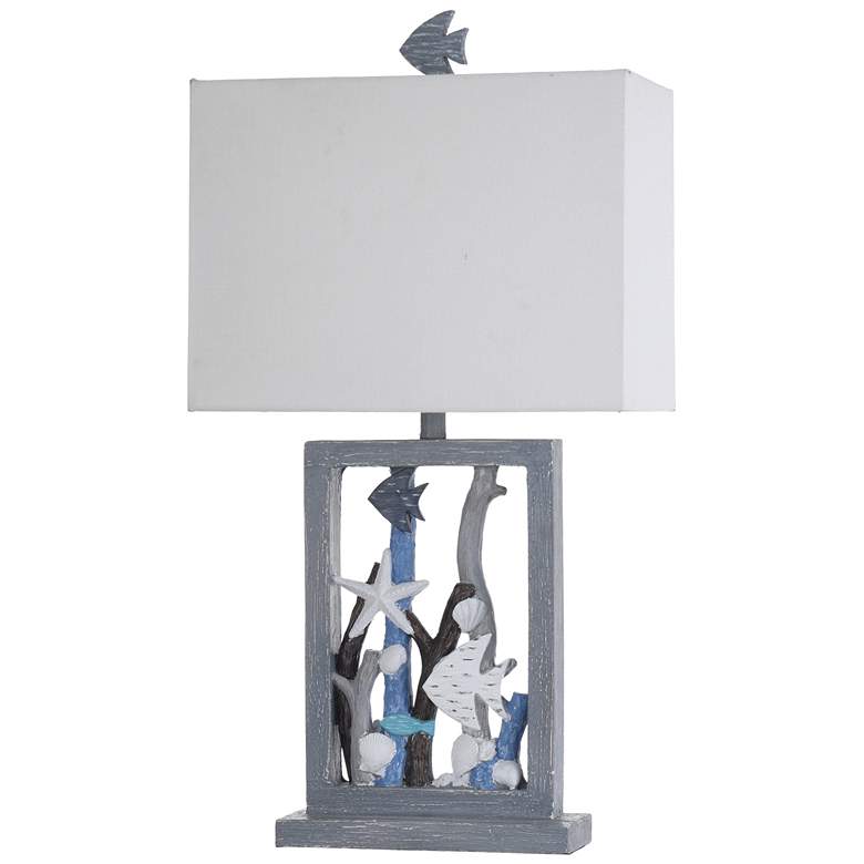 Image 2 Seaford Framed Seascape Table Lamp - Blue &amp; Weathered Wood - White Shad