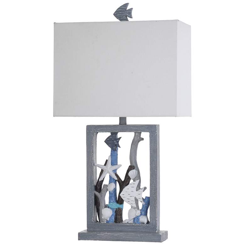 Image 2 Seaford Framed Seascape Table Lamp - Blue & Weathered Wood - White Shad