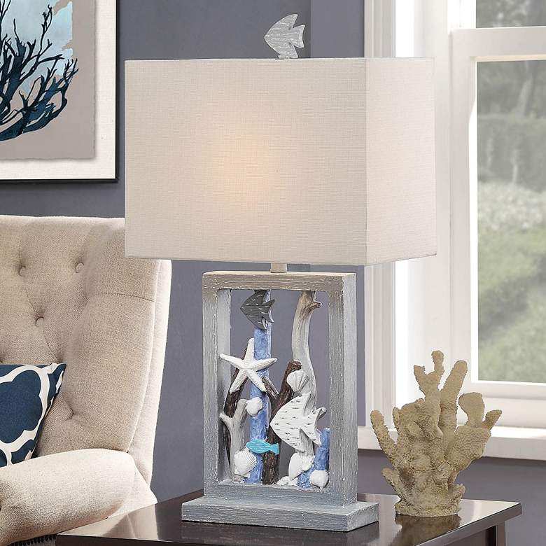 Image 1 Seaford Framed Seascape Table Lamp - Blue & Weathered Wood - White Shad