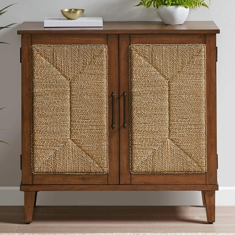 Image 1 Seagate 36 inchW Pecan Wood Natural Seagrass 2-Door Accent Chest