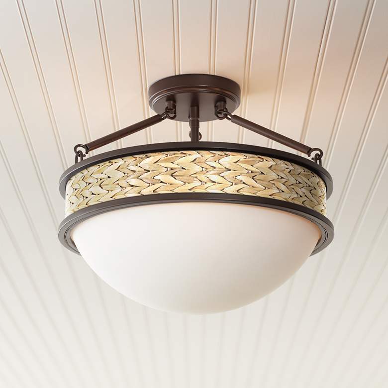 Image 1 Seagrass Print Banded 16 inchW Oil-Rubbed Bronze Ceiling Light
