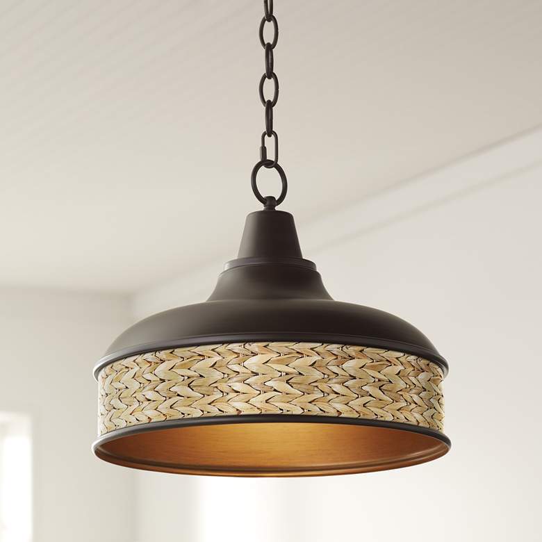 Image 1 Seagrass Print Benson 15" Wide Bronze Pendant Light