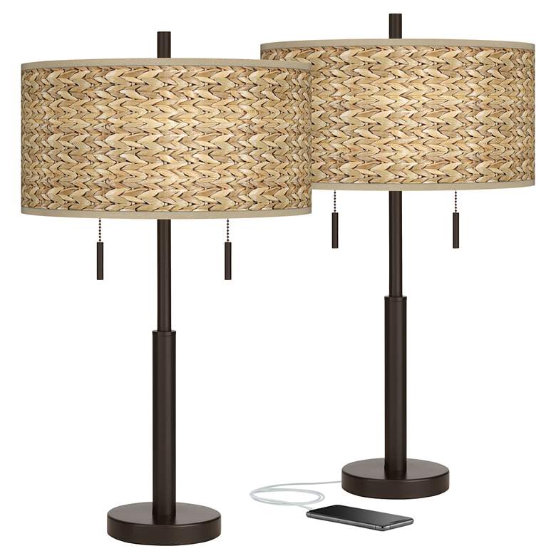 Image 1 Seagrass Print Robbie Bronze USB Table Lamps Set of 2