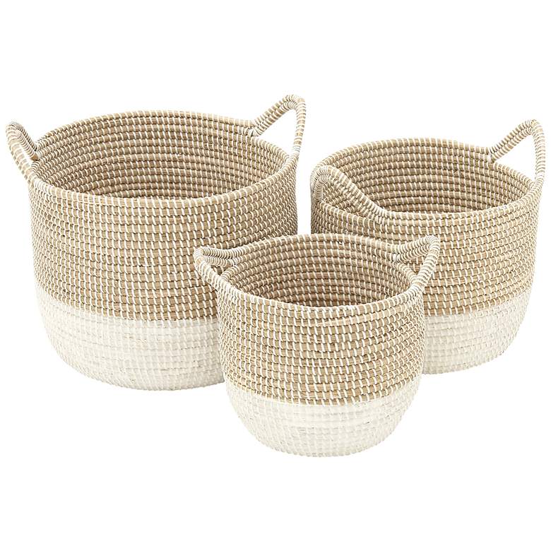 Image 2 Seagrass Round 3-Piece 2-Tone White Woven Basket Set