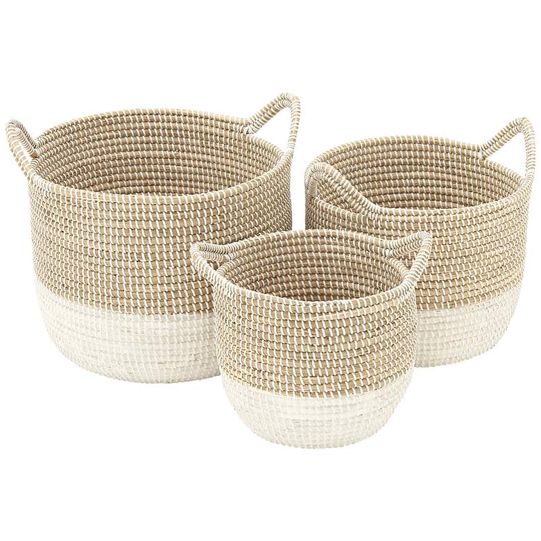 Image 1 Seagrass Round 3-Piece 2-Tone White Woven Basket Set