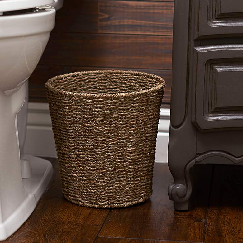 Image 1 Seagrass Wicker Waste Basket, Handwoven with Metal Frame