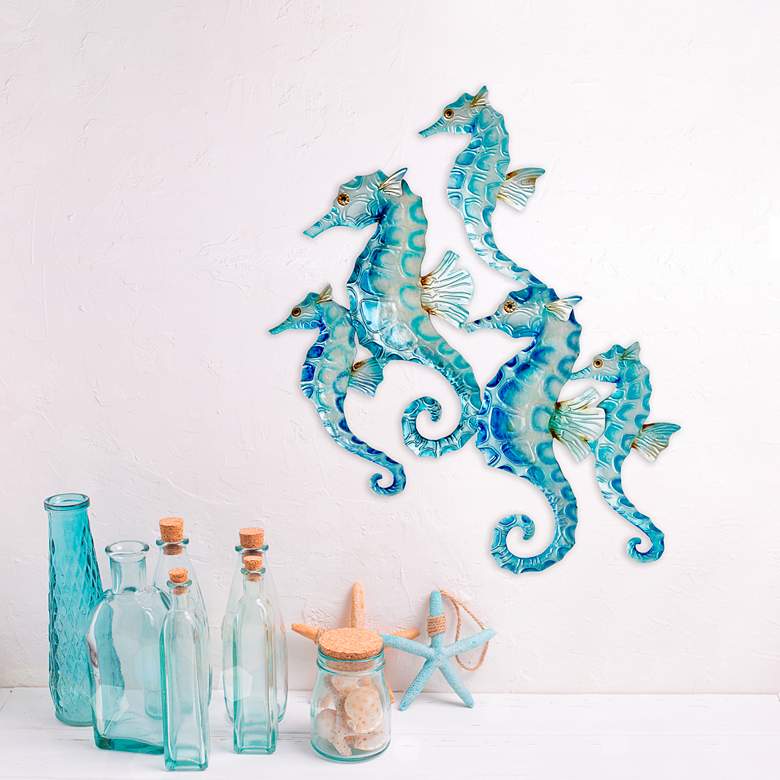Image 4 Seahorse Group of Five 23" High Blue Metal Wall Decor more views