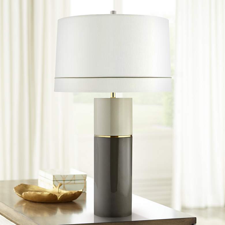 Image 1 Seale Dark and Light Taupe Lacquer Column Wood Table Lamp
