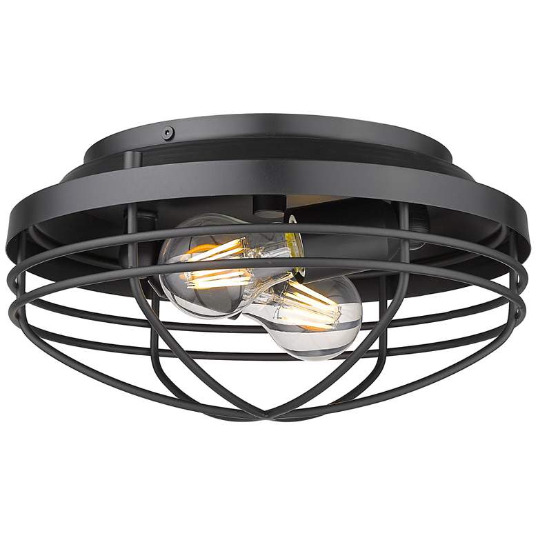 Image 1 Seaport 12 inch Wide Matte Black 2-Light Flush Mount With Metal Cage