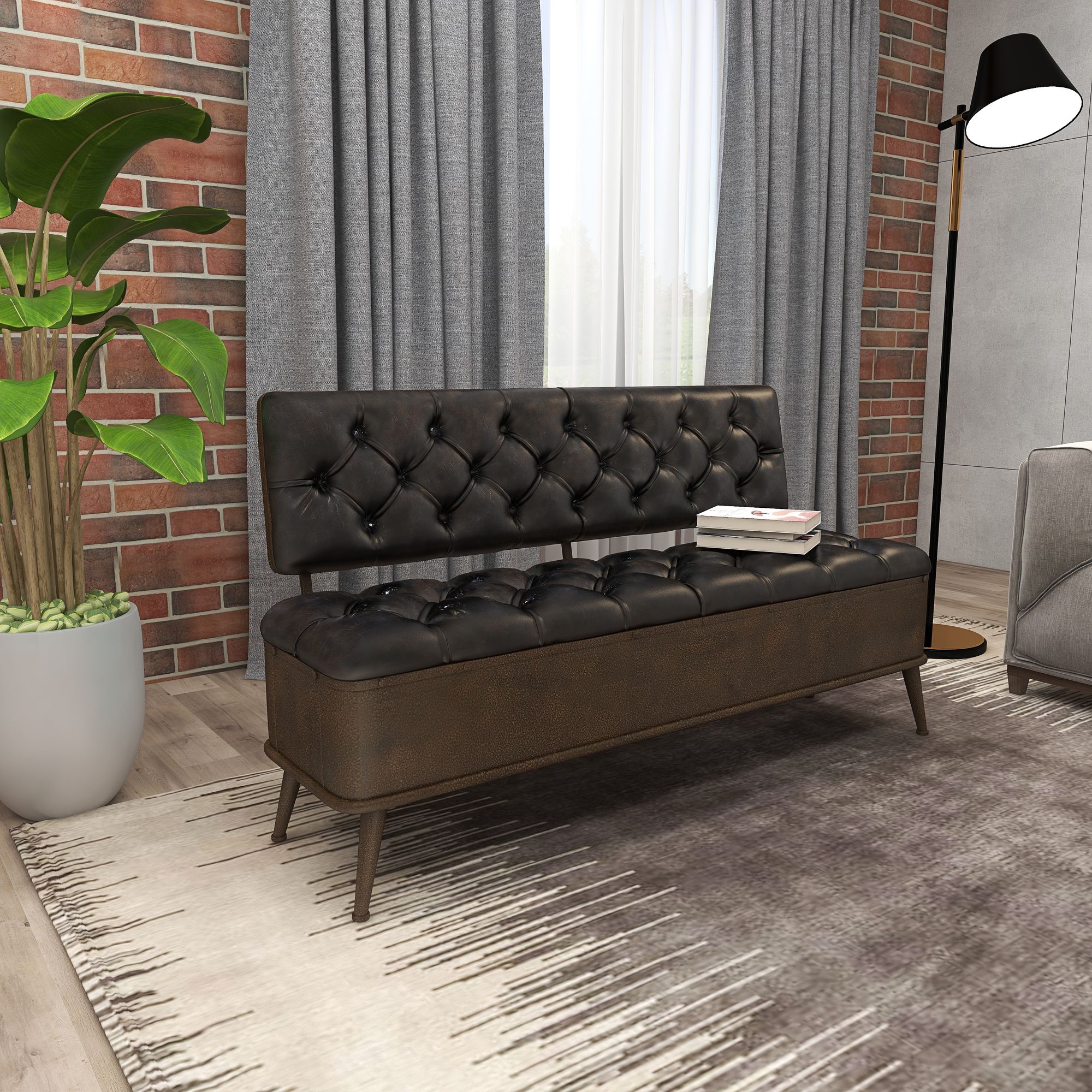 Image 7 Searcy 54" Wide Dark Brown Faux Leather Tufted Storage Bench more views