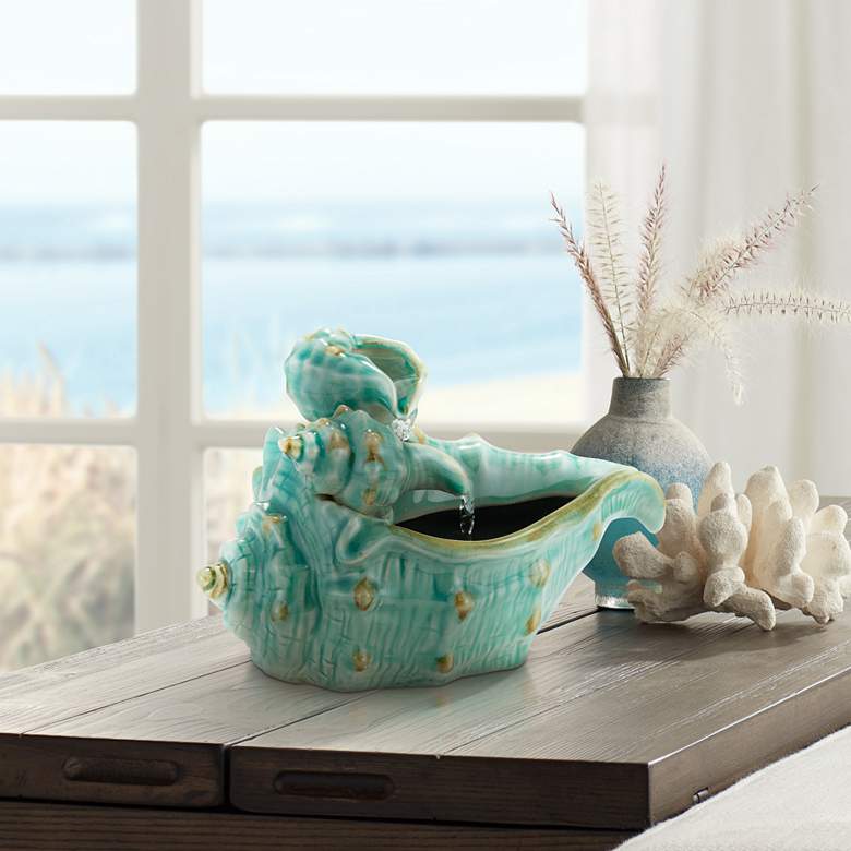 Image 1 Seashells 7 inchH Teal Ceramic Indoor/Outdoor Tabletop Fountain