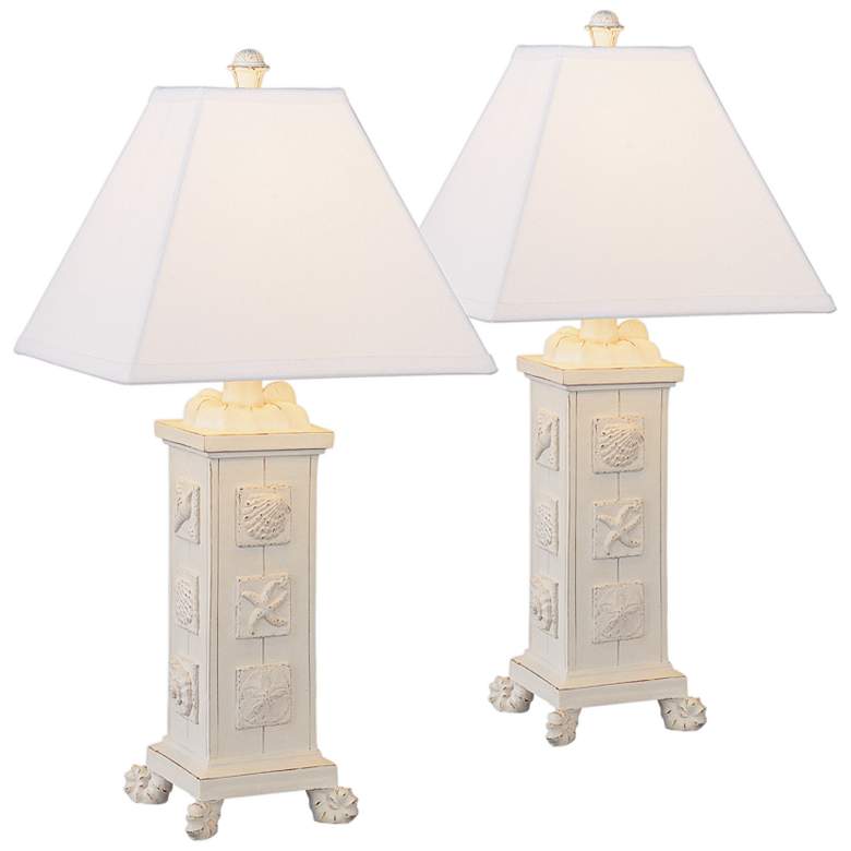 Image 1 Seashells Antique White Square Column Table Lamp Set of 2