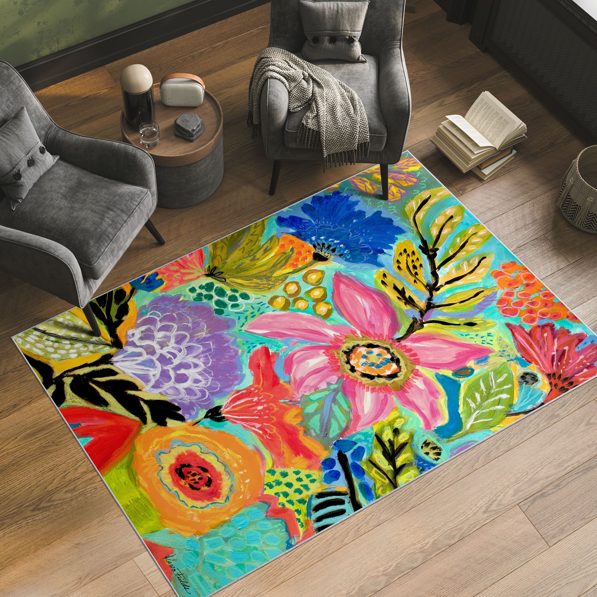 Image 2 Secret Garden Floral II Washable Art Area Rug size 5'x8' more views