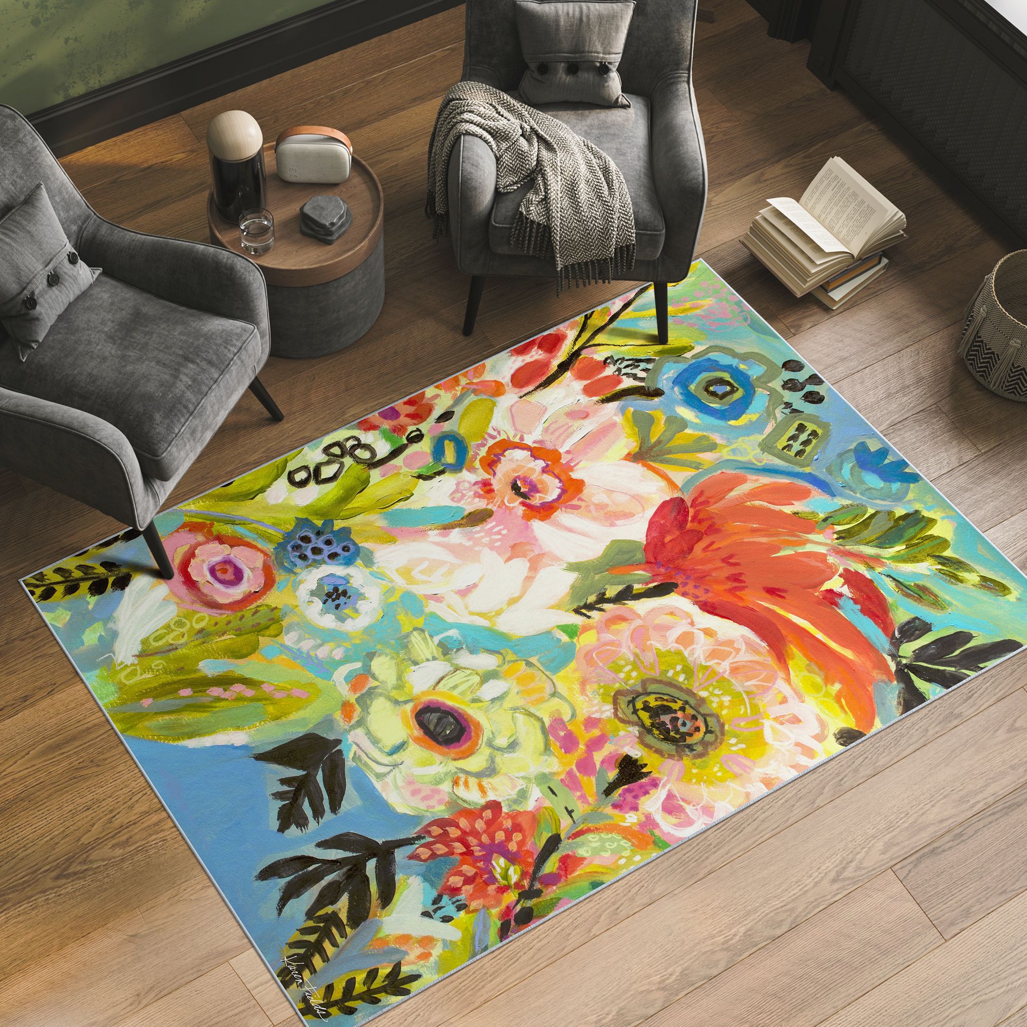 Image 2 Secret Garden Floral III Washable Art Area Rug size 5'x8' more views