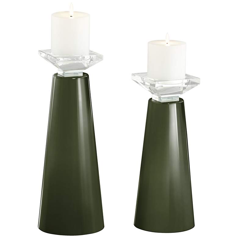 Image 2 Secret Garden Green Glass Pillar Candle Holders Set of 2
