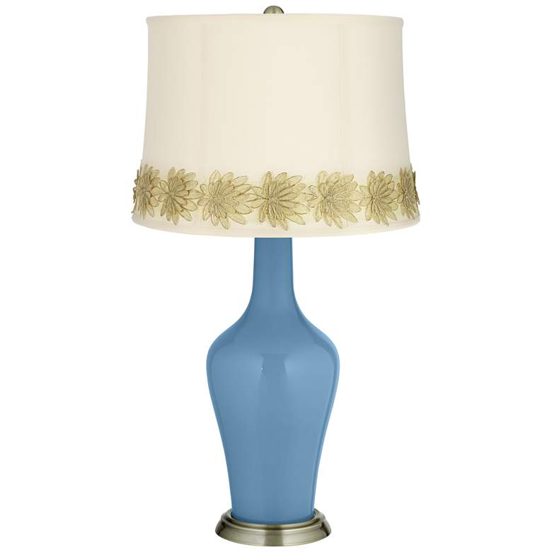 Image 1 Secure Blue Anya Table Lamp with Flower Applique Trim