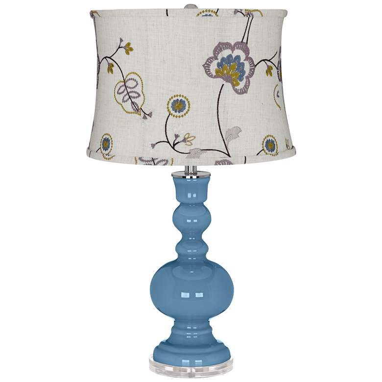 Image 1 Secure Blue Apothecary Table Lamp w/ Gray Stitched Floral Shade