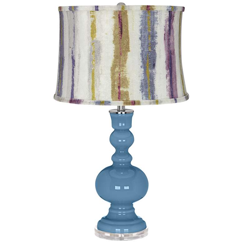 Image 1 Secure Blue Apothecary Table Lamp w/ Purple Striped Shade