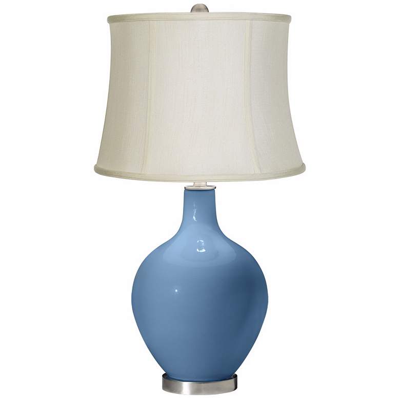 Image 1 Secure Blue Creme Fabric Drum Ovo Table Lamp