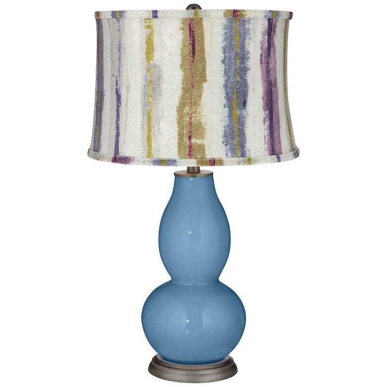 Image 1 Secure Blue Double Gourd Table Lamp w/ Purple Striped Shade