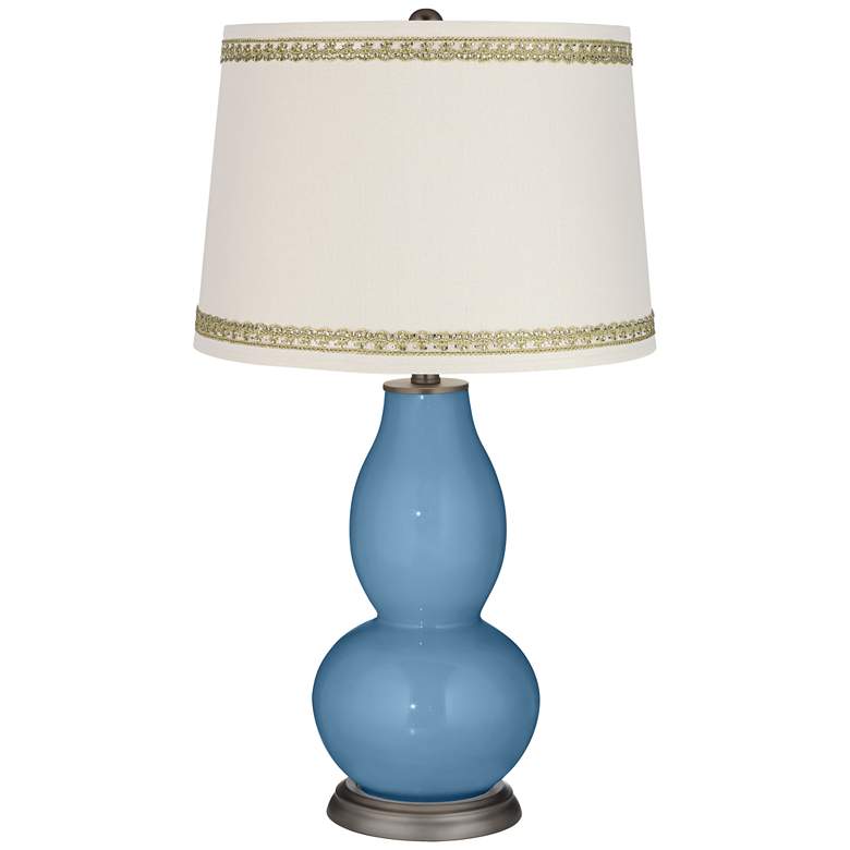 Image 1 Secure Blue Double Gourd Table Lamp with Rhinestone Lace Trim