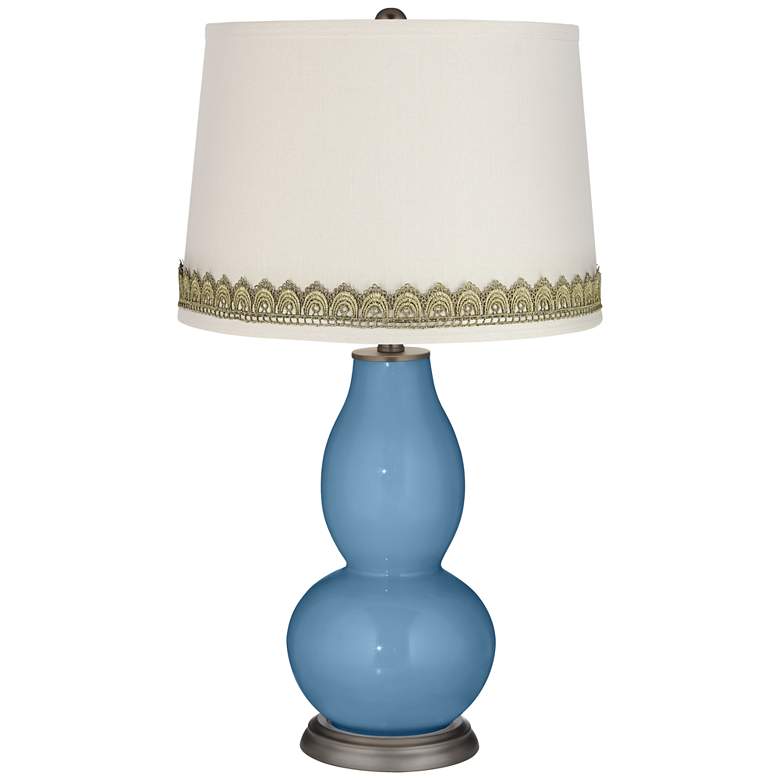 Image 1 Secure Blue Double Gourd Table Lamp with Scallop Lace Trim