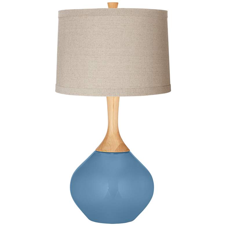 Image 1 Secure Blue Natural Linen Drum Shade Wexler Table Lamp