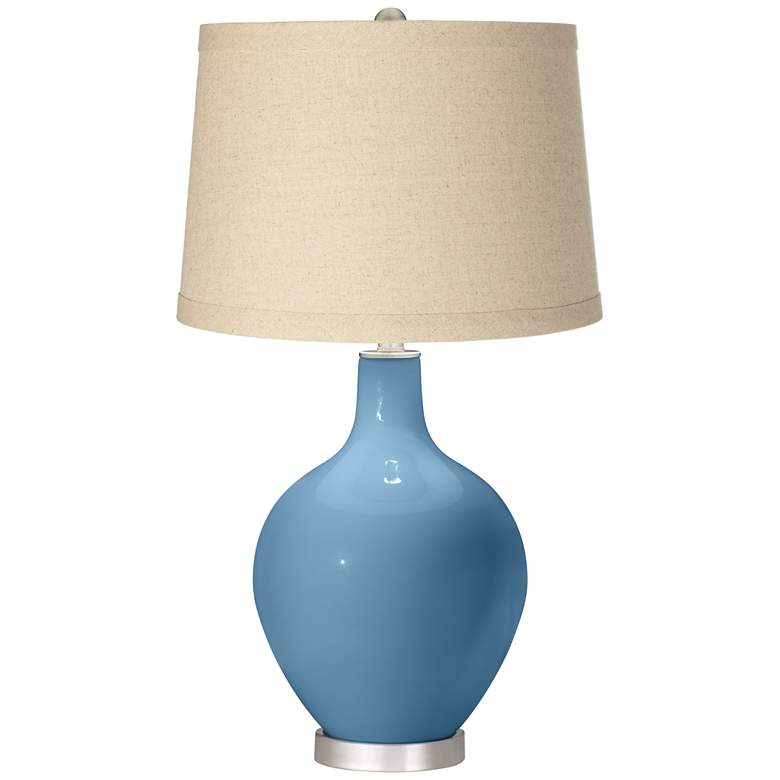 Image 1 Secure Blue Oatmeal Linen Shade Ovo Table Lamp