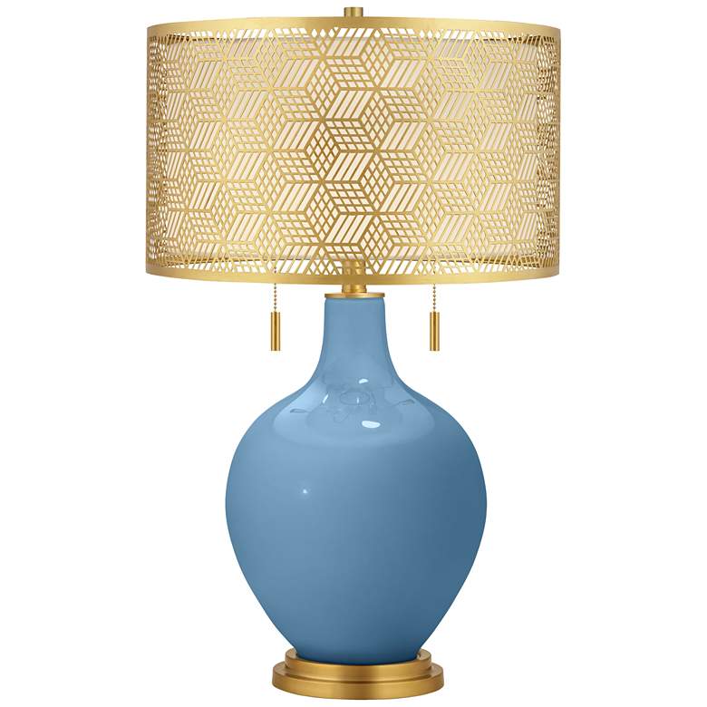 Image 1 Secure Blue Toby Brass Metal Shade Table Lamp