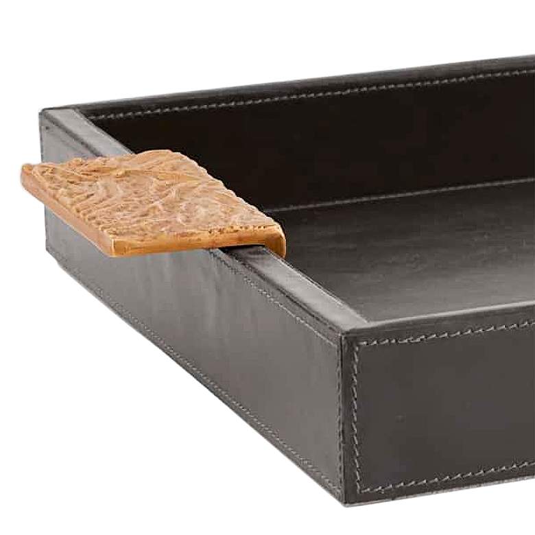Image 2 Sedford Graphite Leather Rectangular Tray with Handles more views