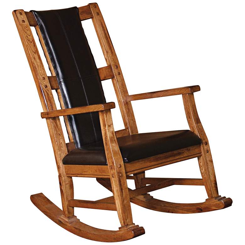 Image 1 Sedona Rustic Oak Wood and Black Leather Rocker Chair