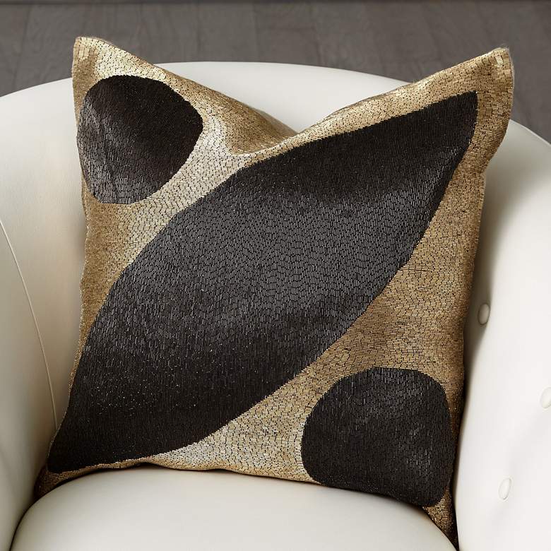 Image 1 Seed Beaded Gold Black 20 inch Square Decorative Throw Pillow