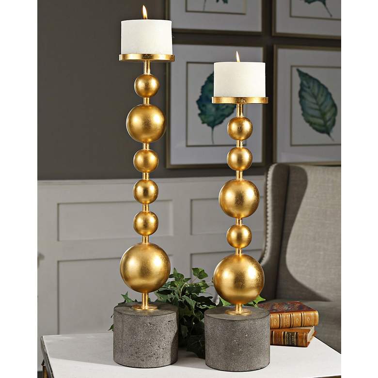 Image 1 Selim Metallic Gold Leaf Modern Candle Holders Set of 2 