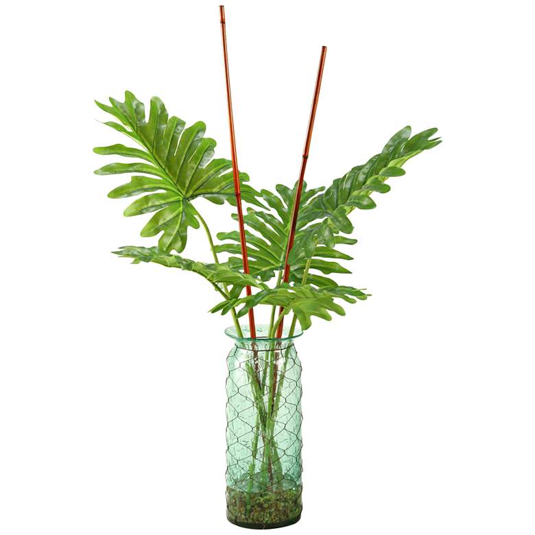 Image 1 Selloum Philo Leaf Branches 42 inchH Faux Plant in Glass Vase 