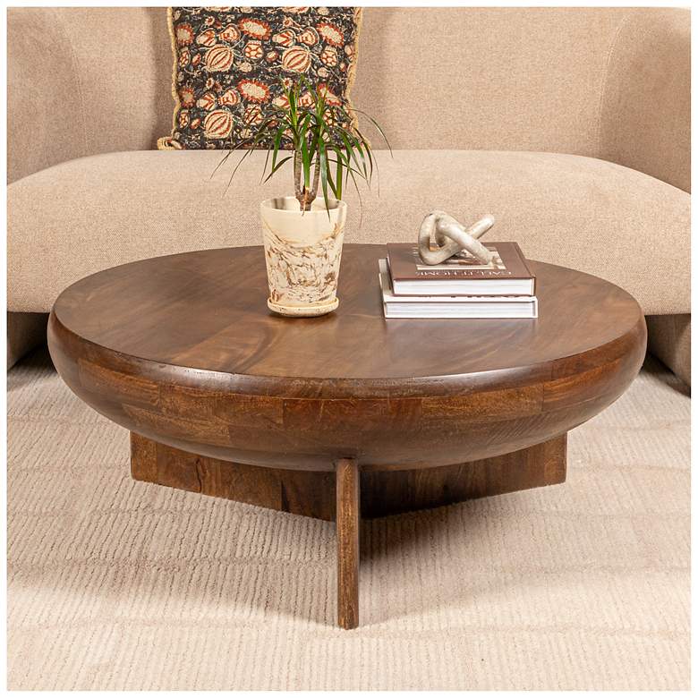 Image 2 Semi-Sphere Mango Wood Coffee Table with Solid Legs, Walnut Finish more views