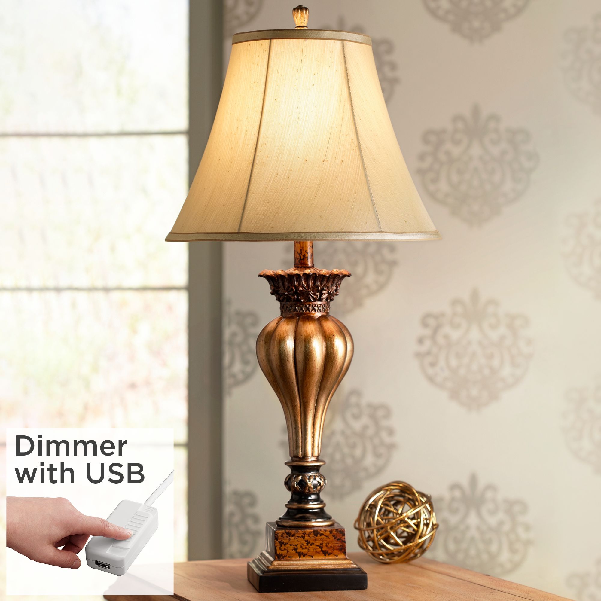 Senardo Gold Table Lamp by Regency Hill with Dimmer with USB